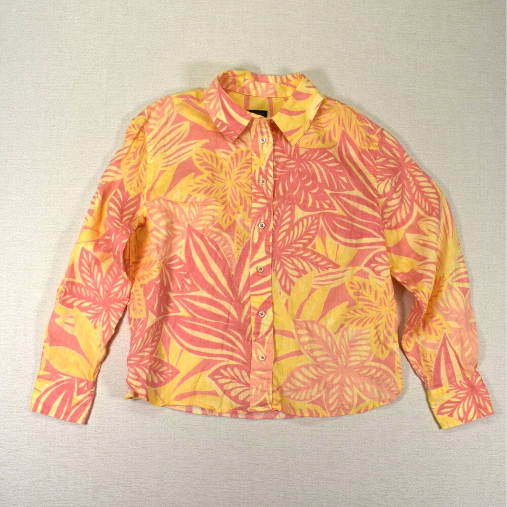 Talbots Small Linen Long Sleeve Top Tropical Aloha Floral Pink Yellow